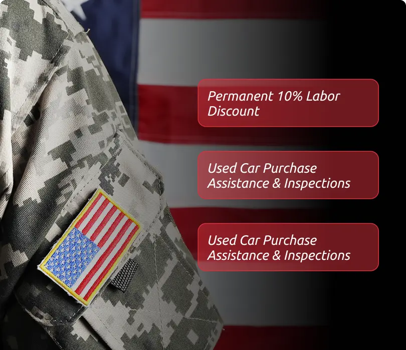 U.S. military uniform with American flag patch displaying military discount benefits for permanent 10% labor discount and car purchase assistance