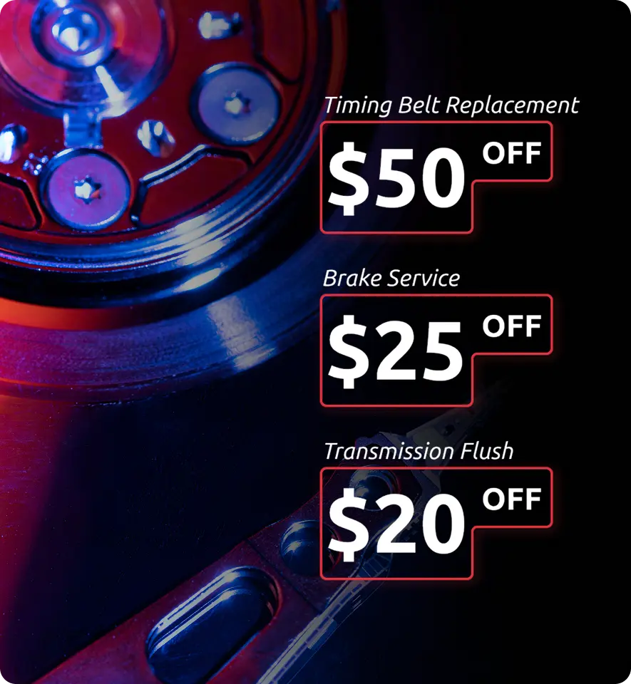 Automotive special offers promotion displaying timing belt replacement $50 off, brake service $25 off, and transmission flush $20 off with colorful engine parts